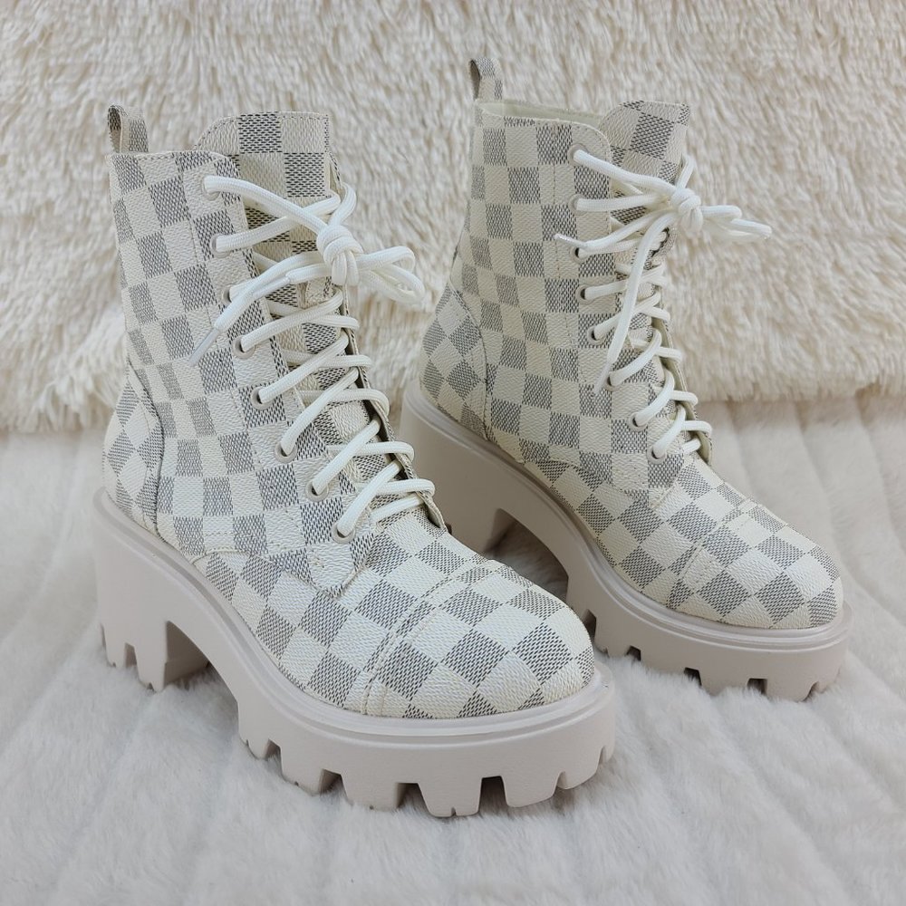 Off White Checker Pattern Platform Combat Boots - Picture 4 of 6